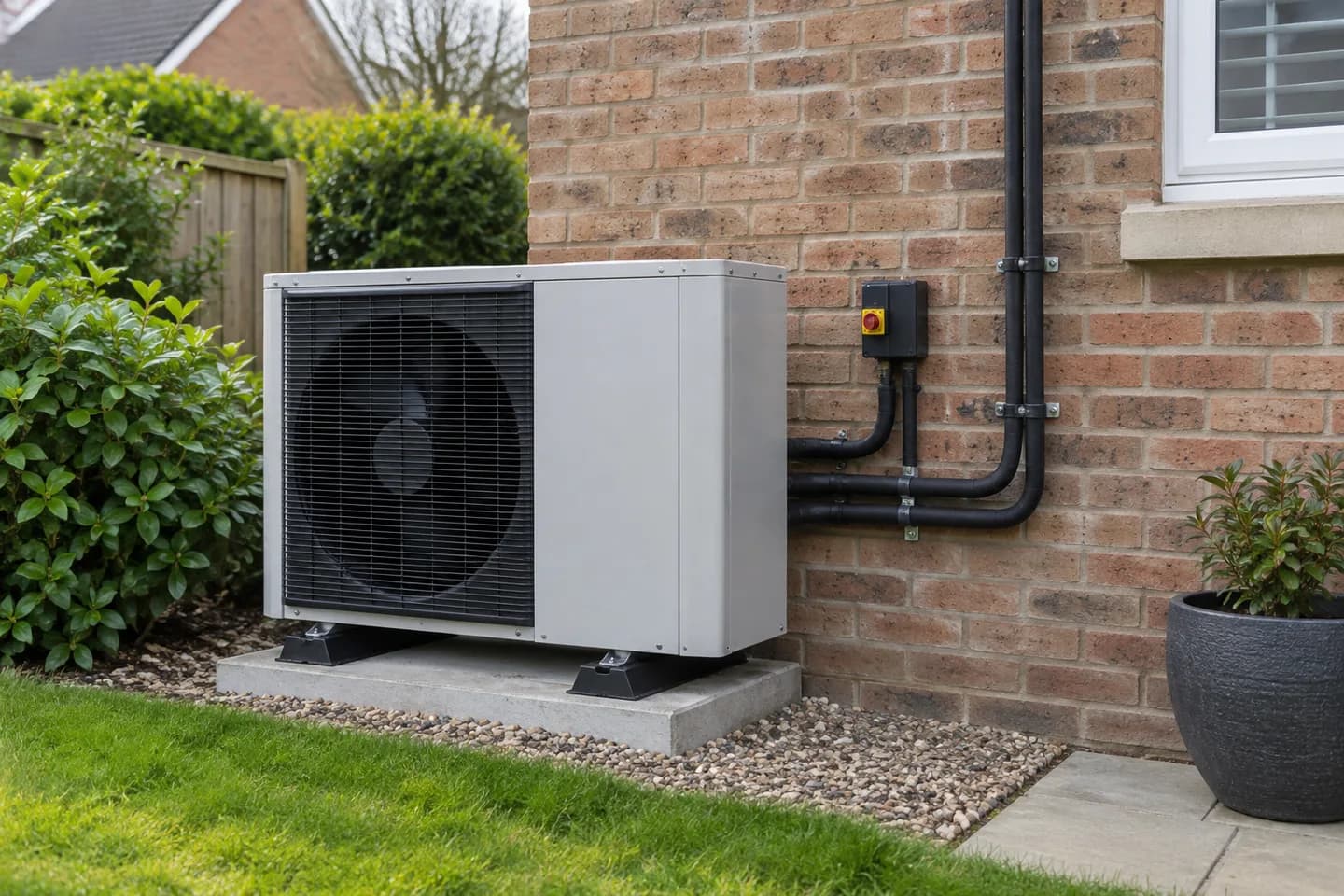 Air-source heat pump beside a house with clear space around it