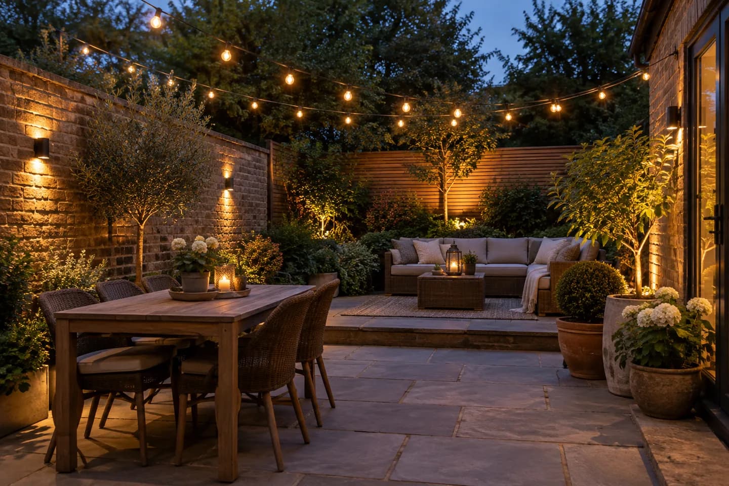 Warm decorative lights over a quiet garden courtyard