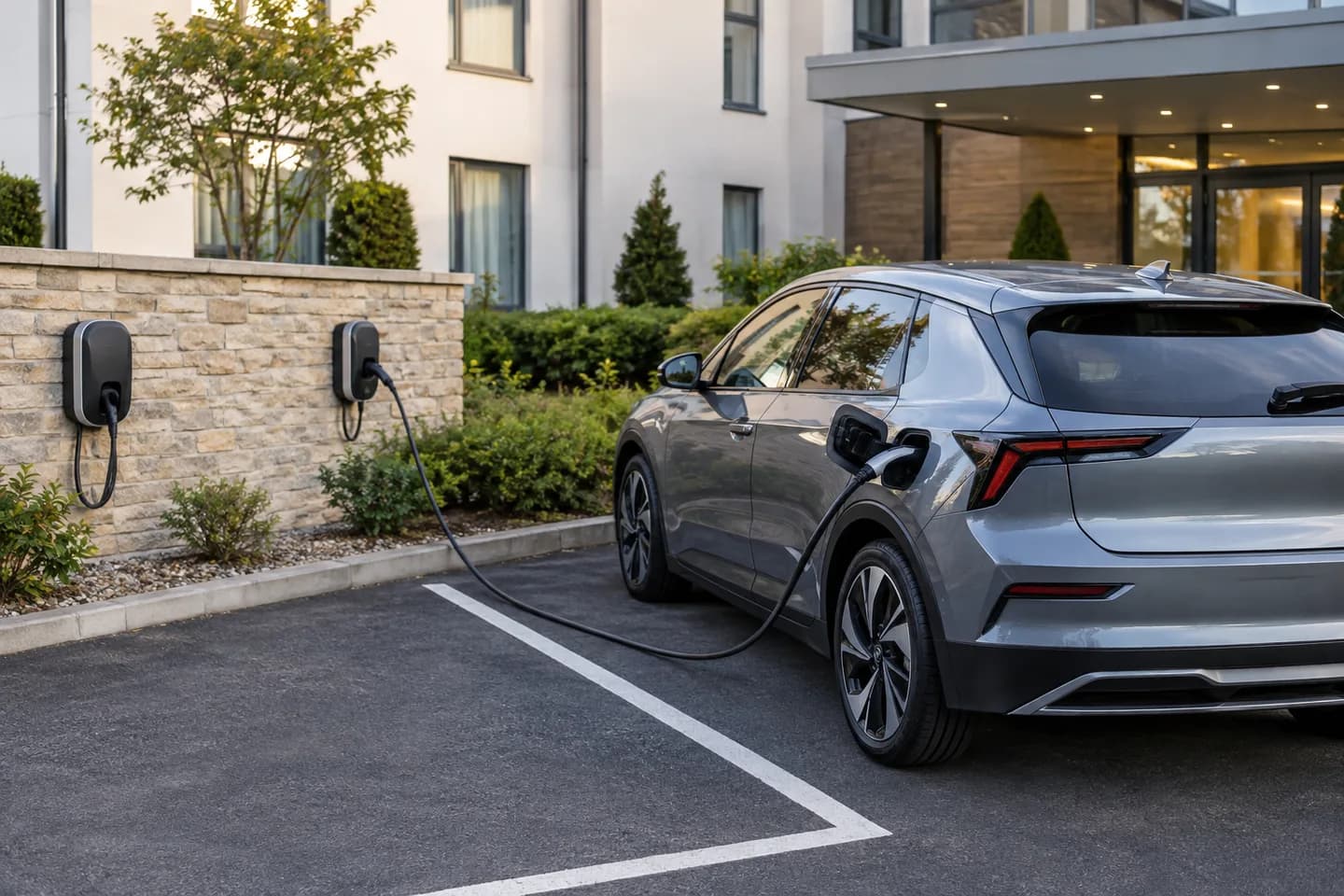 Electric vehicle charging outside a small hotel