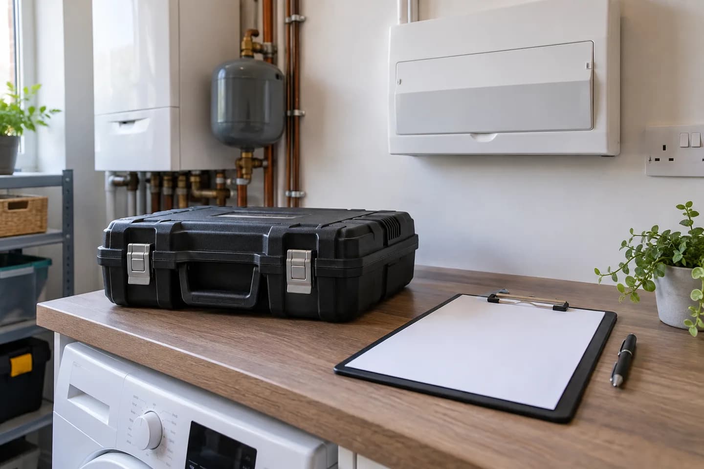 Inspection equipment and paperwork beside a closed consumer unit