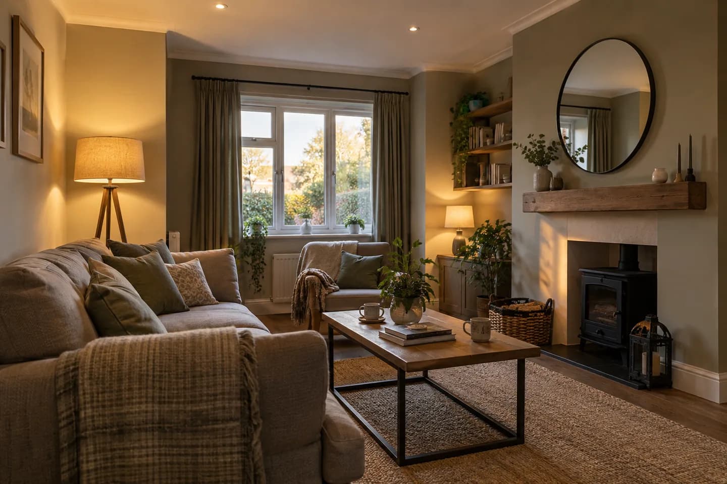 Living room with warm floor, table and ceiling lighting
