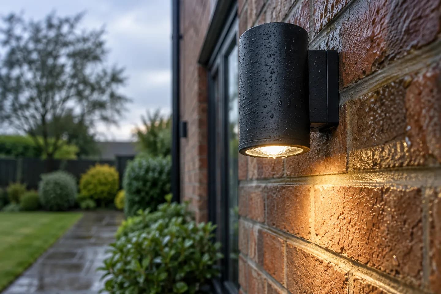 Weatherproof wall light mounted on exterior brickwork