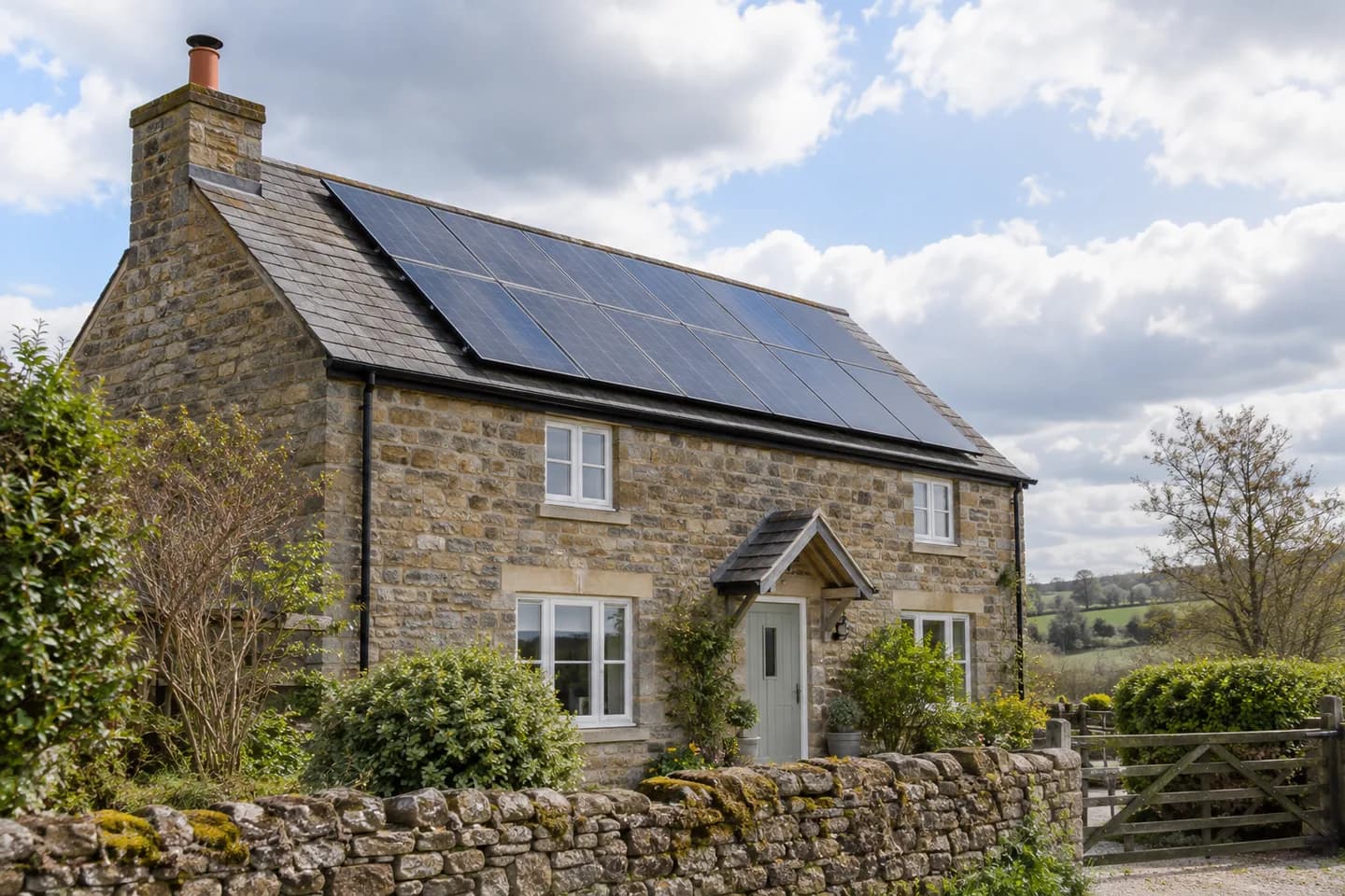 Solar panels on a stone-built home