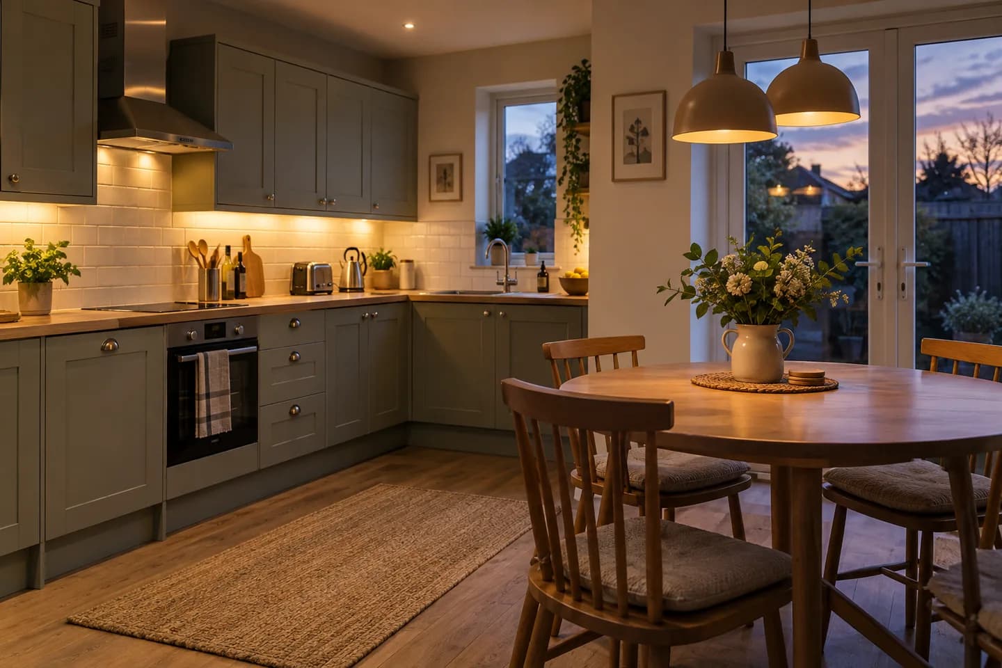 Kitchen-diner combining task lighting and pendant lights