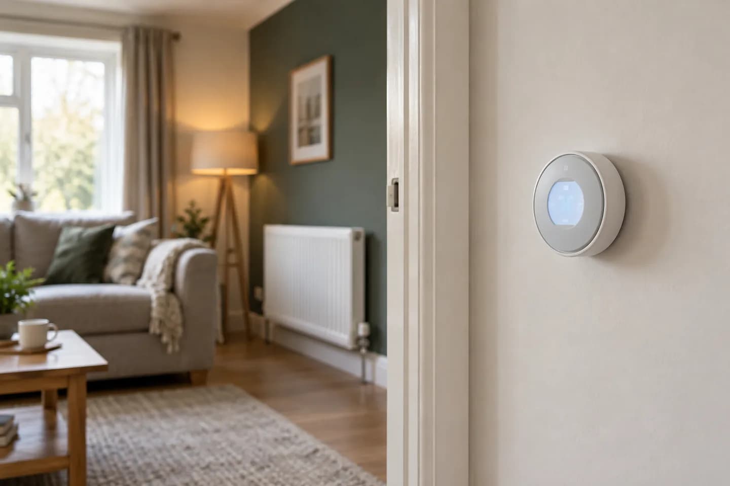 Wall-mounted smart thermostat with a radiator in the next room