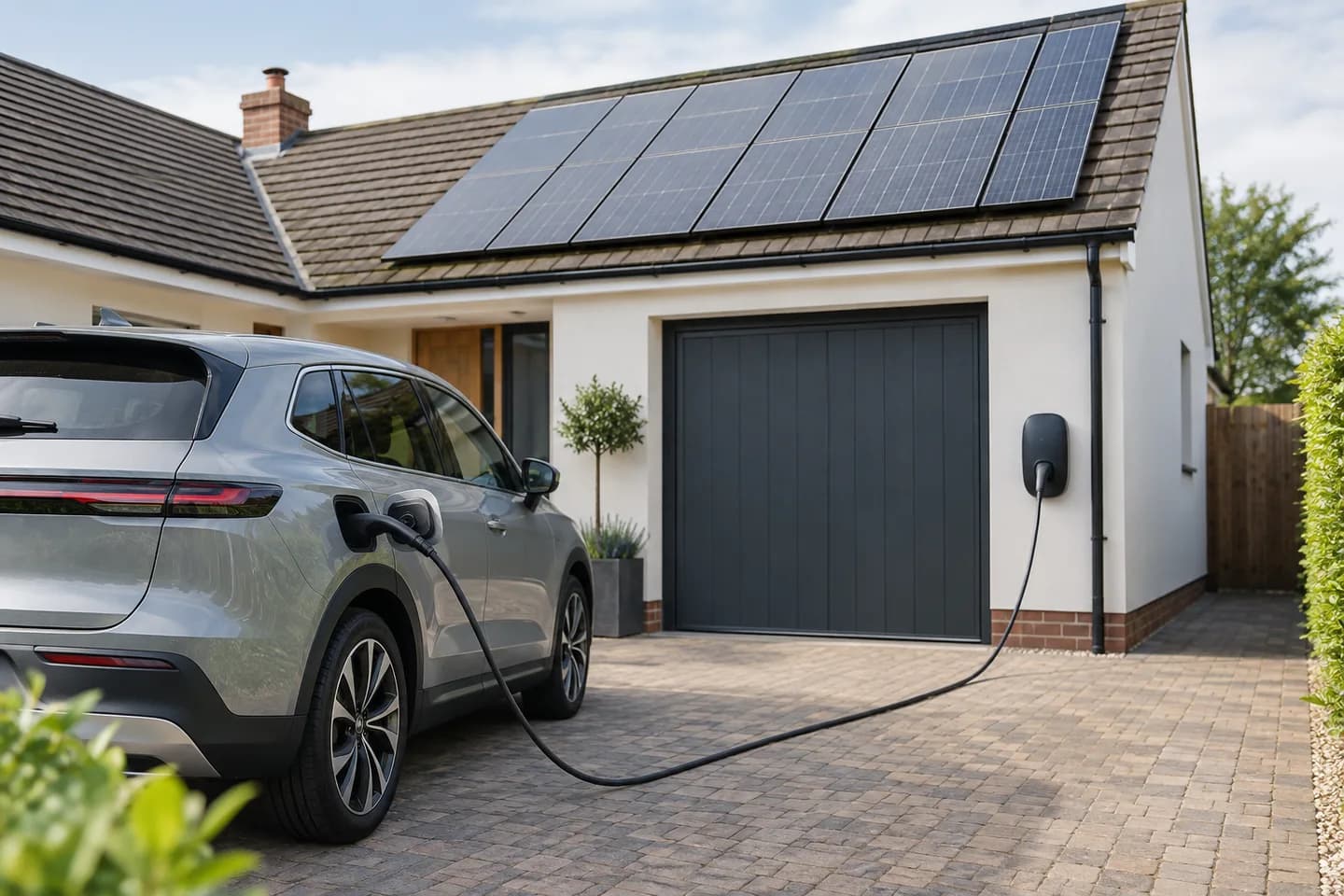 Electric car charging at a home with rooftop solar panels